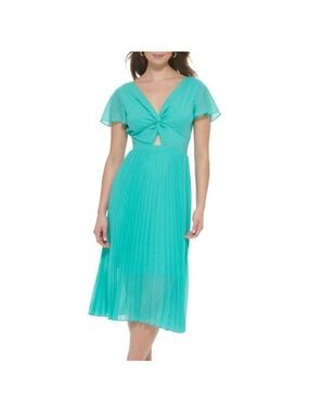 Kensie Teal Twist-Front Pleated Midi Dress